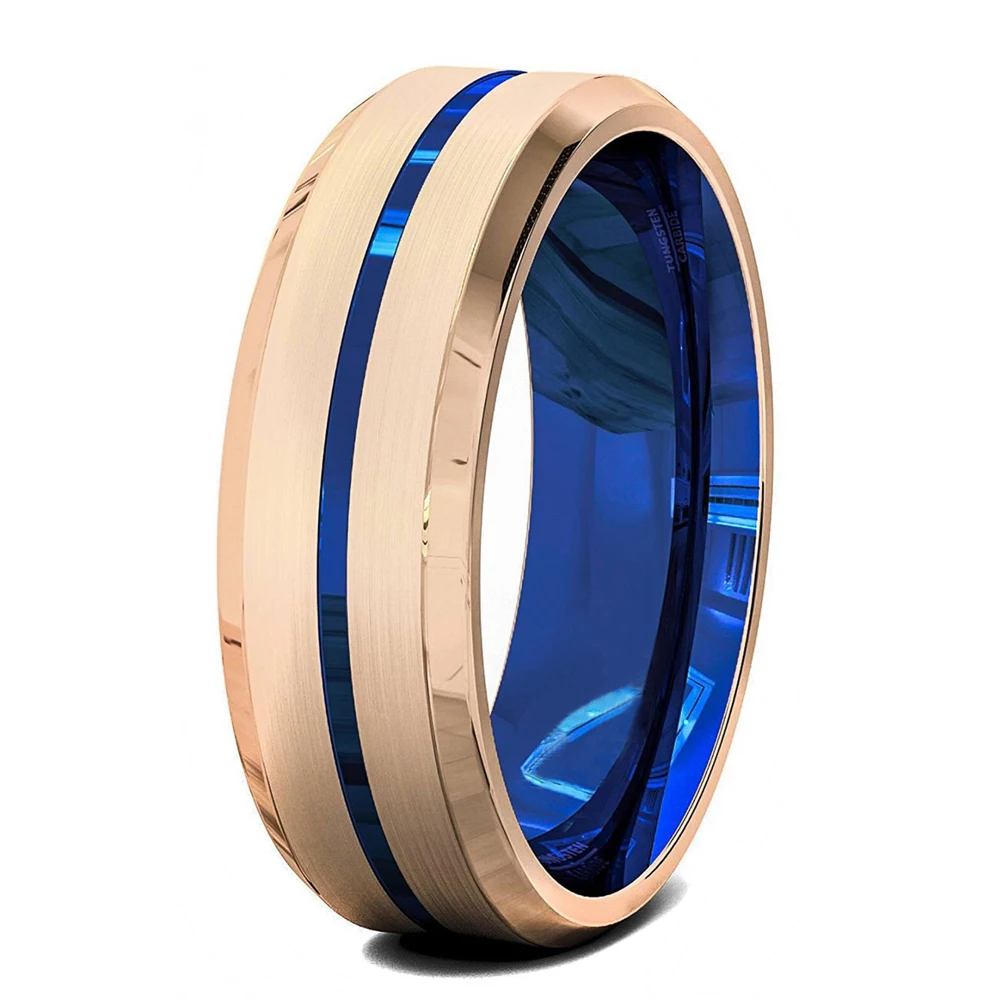 Fashion 8mm Rose Gold Color Stainless Steel Ring For Men Blue Groove Beveled Edge Ring High Polish Wedding Band Anniversary Gift 
Fashion 8mm Rose Gold Color Stainless Steel Ring For Men Blue Groove Beveled Edge Ring High Polish Wedding Band Anniversary Gift