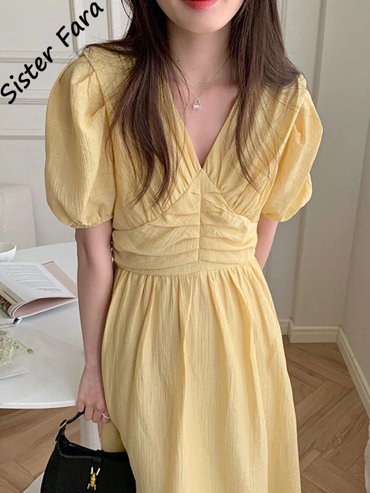 Sister Fara V-Neck Folds Elegant Dresses for Women's Summer High Waist Long Yellow Dress Female Puff Sleeves Loose Mid Dresses
Sister Fara V-Neck Folds Elegant Dresses for Women's Summer High Waist Long Yellow Dress Female Puff Sleeves Loose Mid Dresses