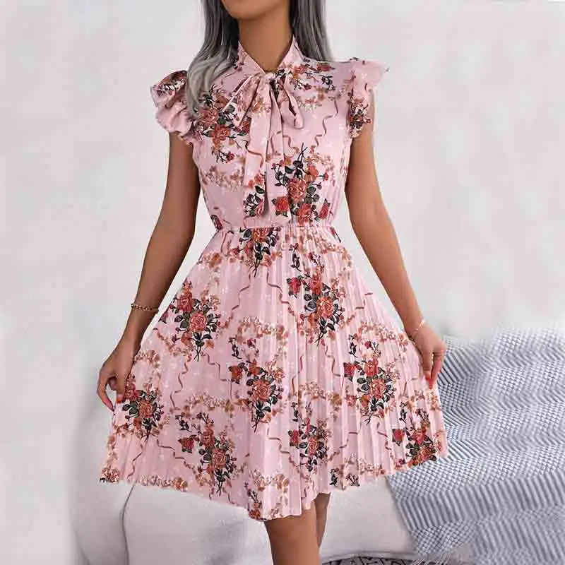 2023 Summer Elegant Flower Print Tunics Mini Pleated Dress Pink Office Lady Sleeveless Lace-up A-line Holiday Beach Vestidos
2023 Summer Elegant Flower Print Tunics Mini Pleated Dress Pink Office Lady Sleeveless Lace-up A-line Holiday Beach Vestidos