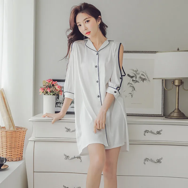 Белый кардиган, рубашка, ночные рубашки, женская летняя одежда для сна, сексуальная гладкая атласная Женская рубашка с открытыми плечами, до...
Белый кардиган, рубашка, ночные рубашки, женская летняя одежда для сна, сексуальная гладкая атласная Женская рубашка с открытыми плечами, до...