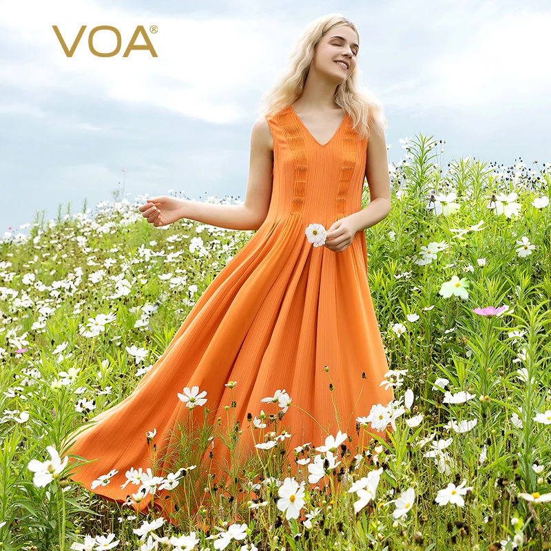 VOA 46 Momme Heavyweight Mulberry Silk Striped Orange Dresses Women V-Neck Pleated Swing Sleeveless Silk Summer Dress New AE1502
VOA 46 Momme Heavyweight Mulberry Silk Striped Orange Dresses Women V-Neck Pleated Swing Sleeveless Silk Summer Dress New AE1502