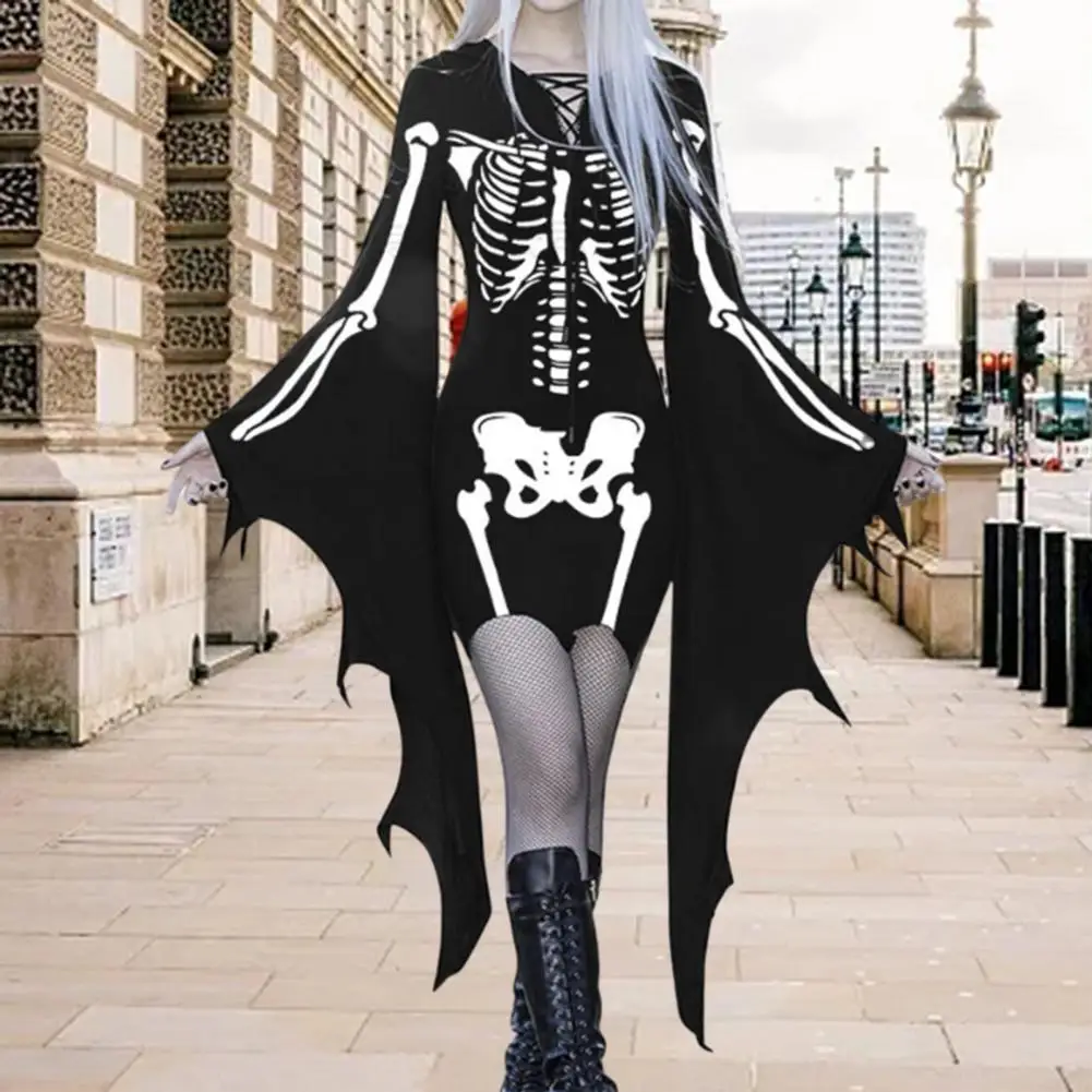 Spooky Halloween Dress Halloween Party Cosplay Costume Long Batwing Sleeve Skeleton Print Dress with Irregular Cuff Lace-up
Spooky Halloween Dress Halloween Party Cosplay Costume Long Batwing Sleeve Skeleton Print Dress with Irregular Cuff Lace-up