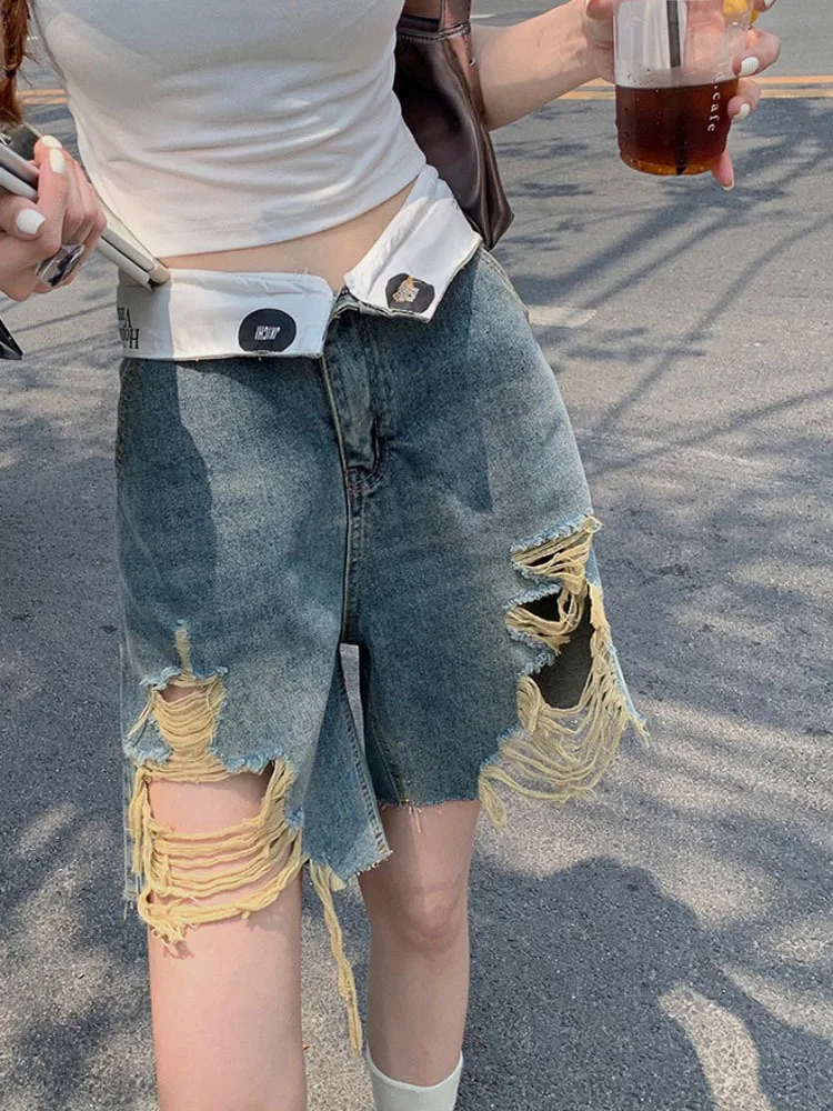 Рваные джинсовые шорты женские, новинка 2023, джинсовые шорты с высокой талией и широкими штанинами с дырками, Корейская уличная одежда, повседневная женская одежда
Рваные джинсовые шорты женские, новинка 2023, джинсовые шорты с высокой талией и широкими штанинами с дырками, Корейская уличная одежда, повседневная женская одежда