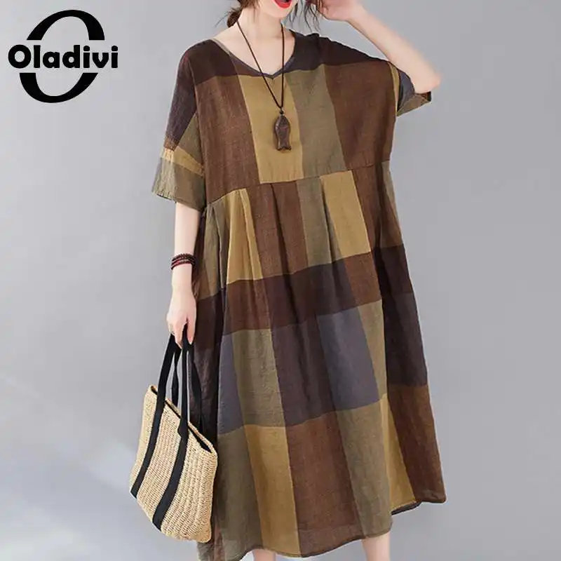

Oladivi, женская одежда большого размера, модное летнее платье в клетку из хлопка и льна, женские повседневные свободные длинные туники, платья,...