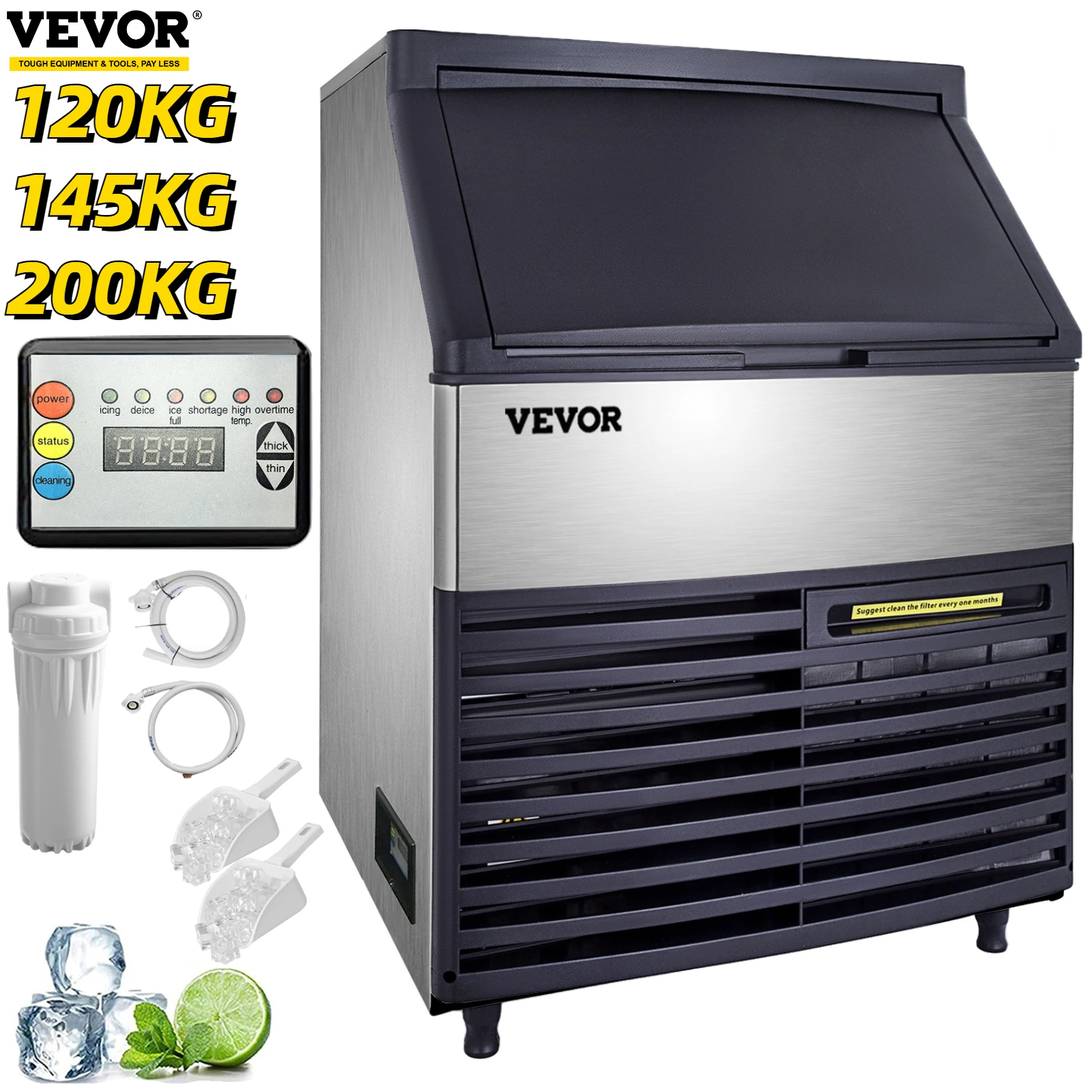 

VEVOR Commercial Cube Ice Maker 120/145/200 KG/24H Freestanding Auto Clean Liquid Freezer Ice Generator Machine Home Appliance