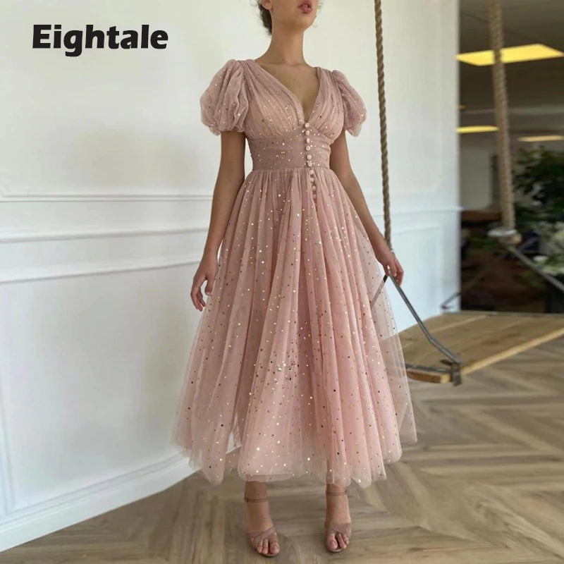 Eightale Dusty Pink Prom Dresses V Neck Glitter Party Dress Short Sleeves Starry Evening Gown vestidos para graduación
Eightale Dusty Pink Prom Dresses V Neck Glitter Party Dress Short Sleeves Starry Evening Gown vestidos para graduación