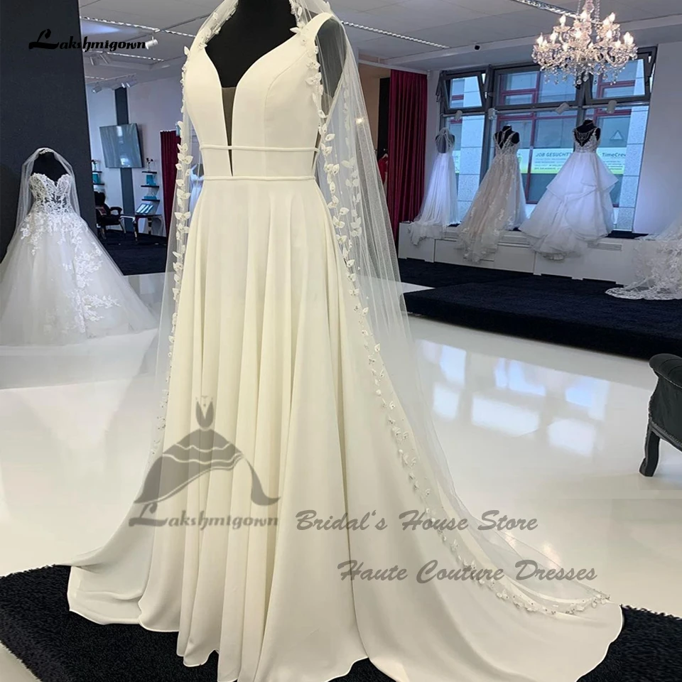 

Lakshmigown Simple Crepe Satin A Line Wedding Dress With Pockets 2023 Vestidos Backless Bridal Receipt Party Gowns Deep V Neck