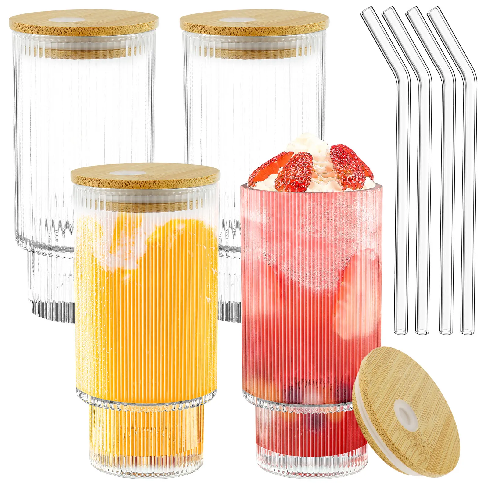 

Clear Ribbed Drinking Glasses with 4 Glass Straws Bamboo Lids Iced Coffee Cups Glassware Juice Glass for Cocktail Whiskey Beer