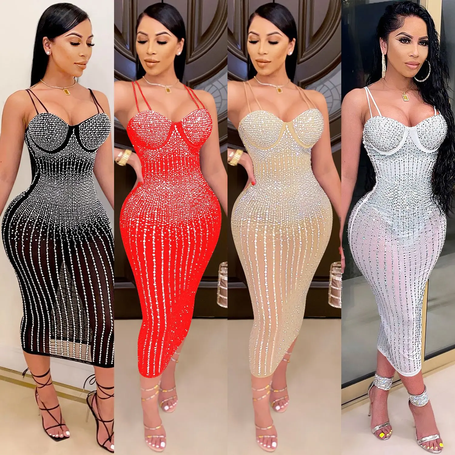 Mesh See Though Hot Rhinestones Plunging V-neck Midi Bodycon Dress for Women Sexy Club Party Dresses Pencil Vestidos
Mesh See Though Hot Rhinestones Plunging V-neck Midi Bodycon Dress for Women Sexy Club Party Dresses Pencil Vestidos