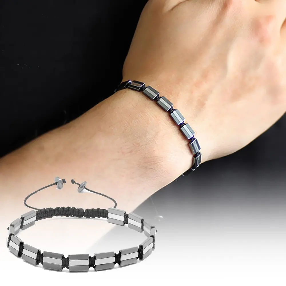 Three-Row Prism Design Macrame Braided Silver-gray Hematite Natural Stone Bracelet 
Three-Row Prism Design Macrame Braided Silver-gray Hematite Natural Stone Bracelet