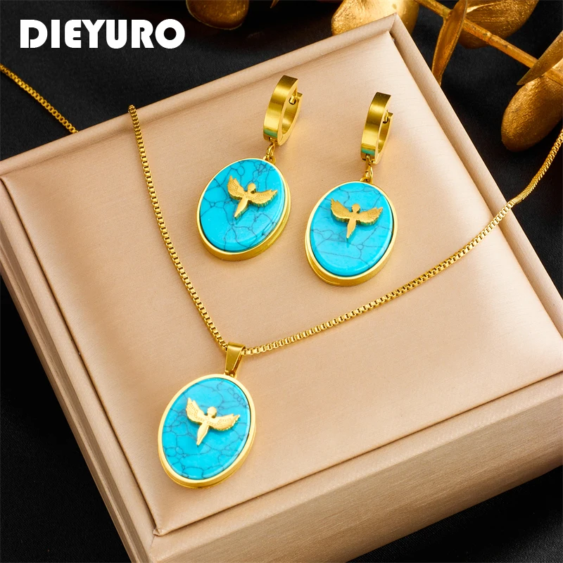 DIEYURO 316L Stainless Steel Oval Blue Stone Cross Wings Necklace Earrings For Women Girl Fashion Vintage Colorfast Jewelry Set 
DIEYURO 316L Stainless Steel Oval Blue Stone Cross Wings Necklace Earrings For Women Girl Fashion Vintage Colorfast Jewelry Set