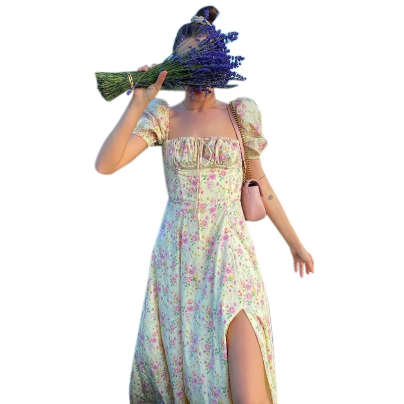 Women Summer Puff Short Sleeve Floral Print Maxi Long Dress Ruched Lace-Up High Waist Sexy Split Flowy Vintage Boho A-Line Beach
Women Summer Puff Short Sleeve Floral Print Maxi Long Dress Ruched Lace-Up High Waist Sexy Split Flowy Vintage Boho A-Line Beach