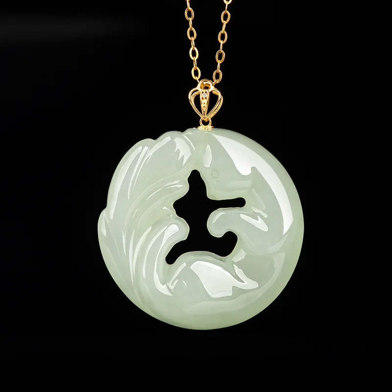 

Mai Chuang/Hand Carved/ Hetian Whit Jade Inlay Nine Tailed Fox Necklace Pendant Fashion Elegant Jewelry Men and Women CoupleGift