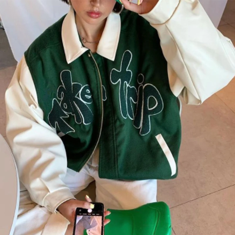 Autumn TAKE A TRIP Bomber Jacket Women Letter Applique Loose Baseball Jacket 2021 New Grass Green Contrast Sleeve Coat Outerwear
Autumn TAKE A TRIP Bomber Jacket Women Letter Applique Loose Baseball Jacket 2021 New Grass Green Contrast Sleeve Coat Outerwear