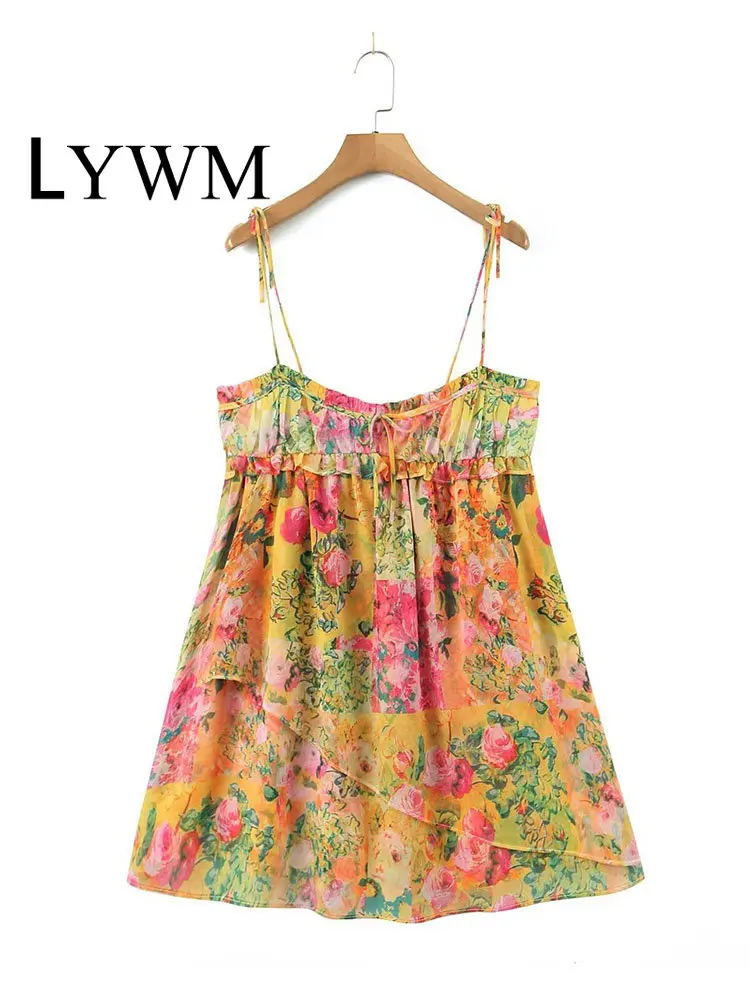 

Женское мини-платье с принтом LYWM, винтажное платье на тонких бретельках, с квадратным вырезом, со шнуровкой спереди, на молнии сзади, шикарны...