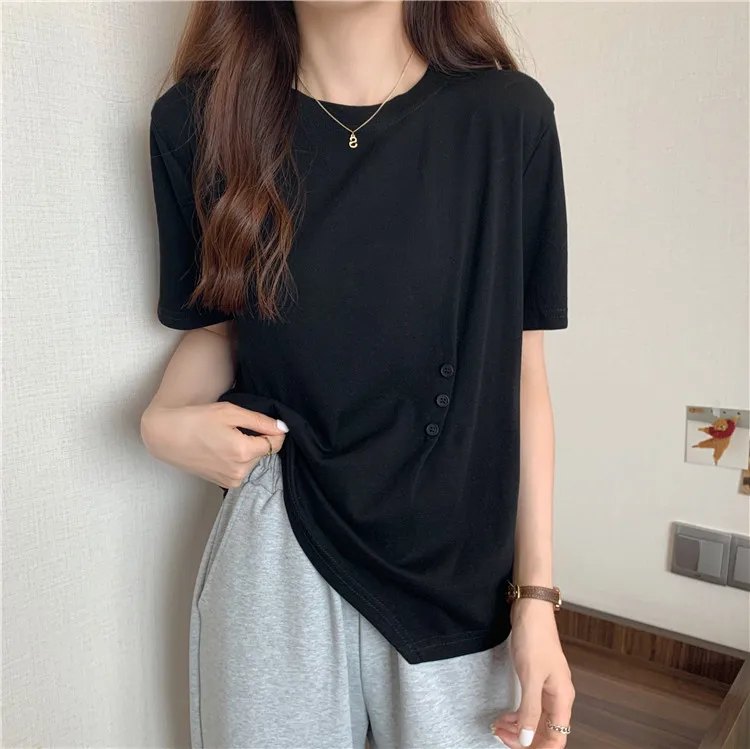 7744 women new Korean version of wild loose design sense waist thin irregular short-sleeved T-shirt
7744 women new Korean version of wild loose design sense waist thin irregular short-sleeved T-shirt