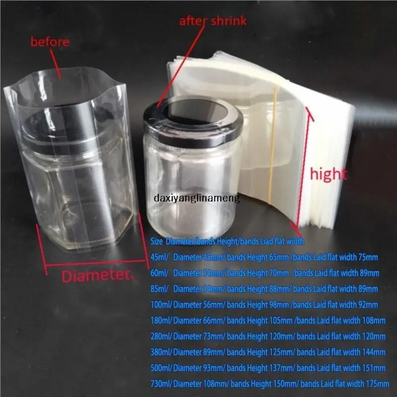 200pcs/lot 9 Sizes Pvc Heat Shrink Bands Film For Full Oil Bottle Whole Sealed, Waterproof Body Sealing Circle Diameter X HIGHT
200pcs/lot 9 Sizes Pvc Heat Shrink Bands Film For Full Oil Bottle Whole Sealed, Waterproof Body Sealing Circle Diameter X HIGHT