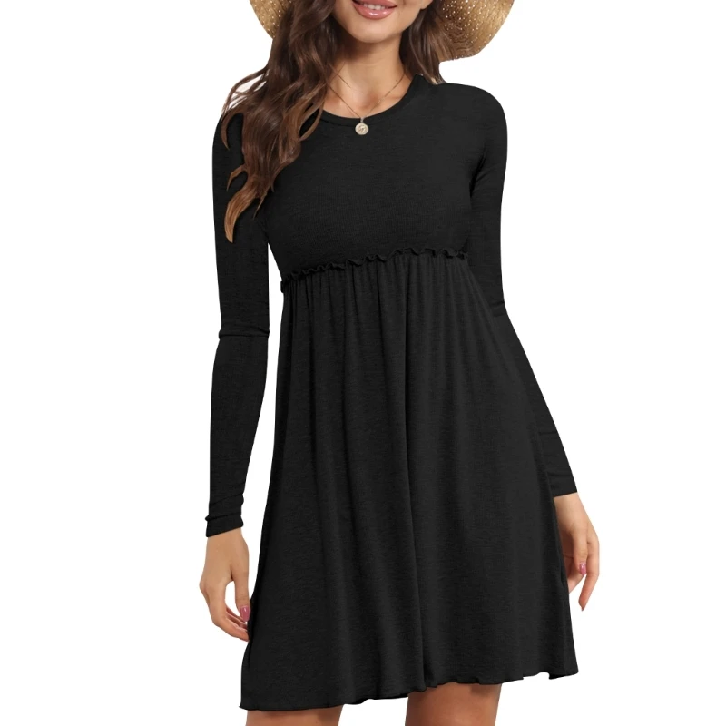 

Y5GC Autumn O-Neck Long Sleeve Ruffled Empire Waist Solid Swing Mini Dress for Women