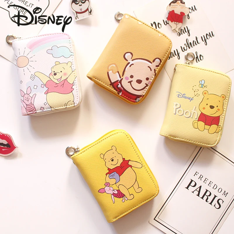 

2022 New Disney Pooh Bear Cute Lady Wallet Cartoon Image Casual PU Zipper Fashion Multi-card Slot Short Mini Girl Coin Purse