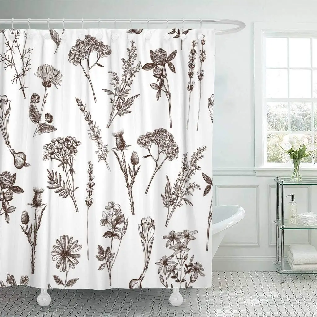 

Shower Curtains Bathroom Curtain Botanical Design with Spices and Herbs Colorful with Vintage Medicinal Sketch Herbal Bath