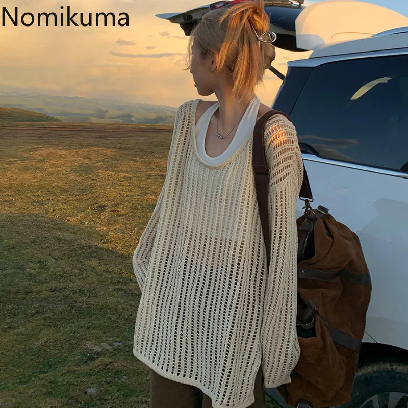 

Nomikuma Pull Femme Spring Autumn Halter Hollow Out Loose 2 Piece Knitted Womens Clothing Fashion Harajuku Street Pullover