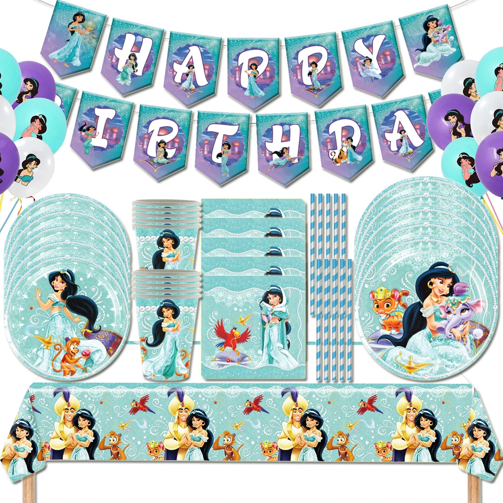 

Princess Jasmine Disney Theme Girls Birthday Party Banner Paper Tableware Cup Plate Balloon Backdrop Baby Shower Supplies