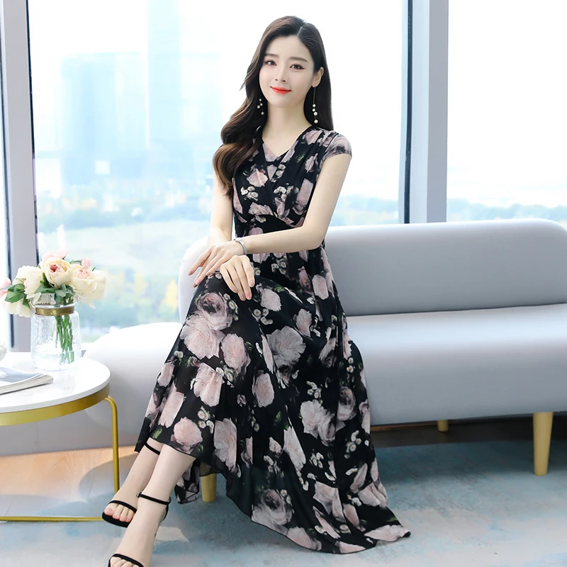 2022 Chiffon Boho Beach Maxi Dress Summer Black Floral Print Casual Short-sleeve V-neck Long Dress Elegant Women Party Vestidos
2022 Chiffon Boho Beach Maxi Dress Summer Black Floral Print Casual Short-sleeve V-neck Long Dress Elegant Women Party Vestidos