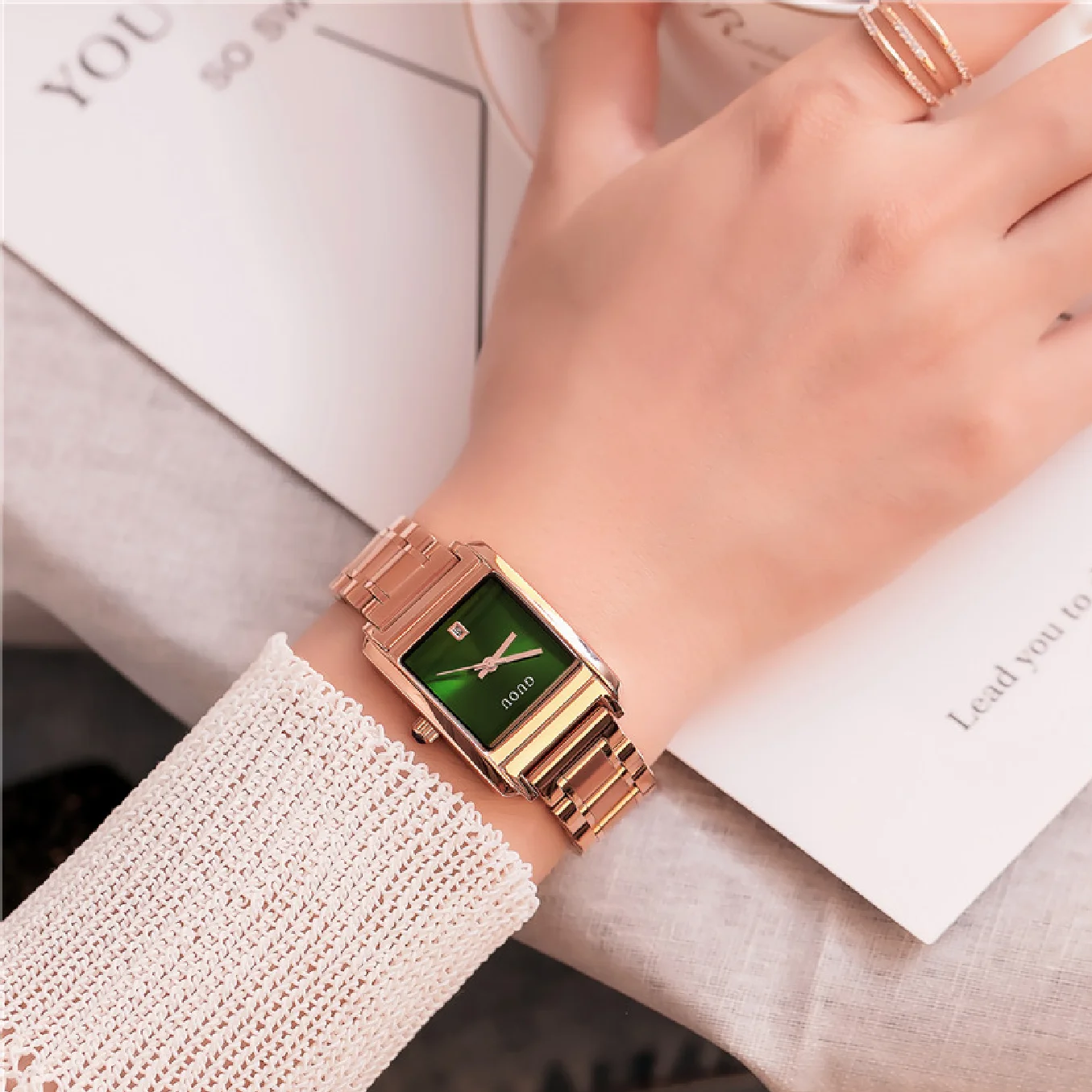 

Fashion GUOU Top Brand Watch Luxury Rose Gold Stainelss Steel Ladies Women Watches Luxury Women's Clock relogio feminino 8089