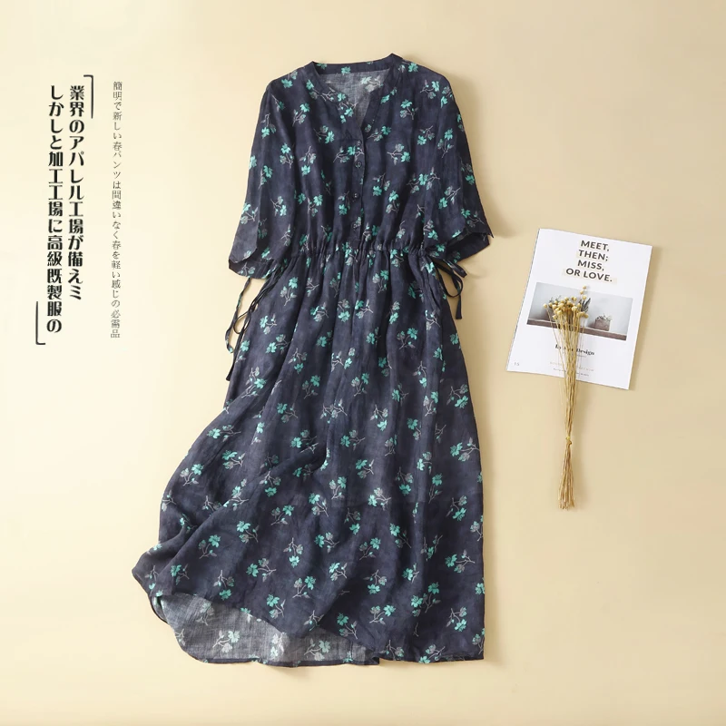 Floral Print Vintage Linen Elastic Waist Lace Up Three Quarter Women's Dress V-Neck Mid-Calf Dresses For Women 2023 Spring 
Floral Print Vintage Linen Elastic Waist Lace Up Three Quarter Women's Dress V-Neck Mid-Calf Dresses For Women 2023 Spring