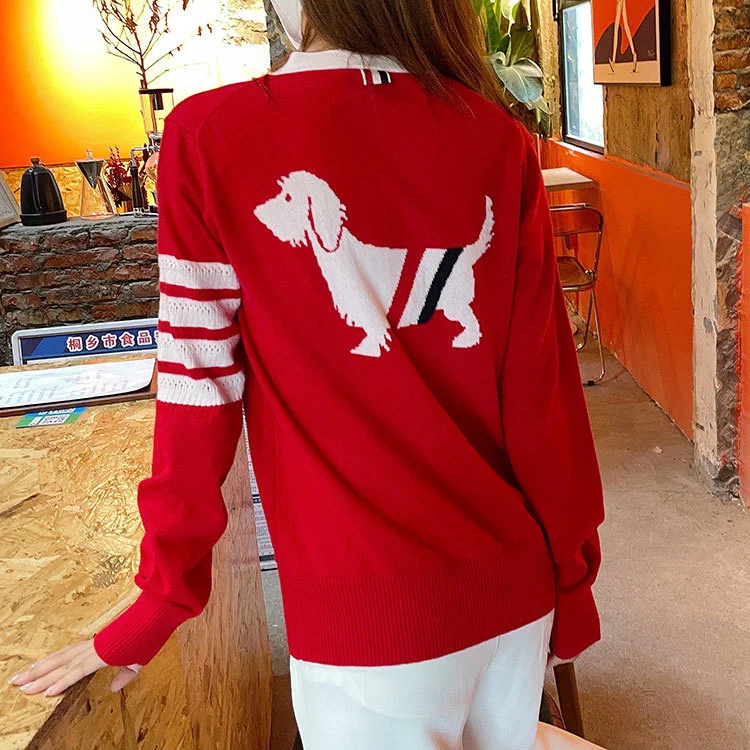 TB BROWIN Women Cardigan Wool V-Neck Long Sleeve TB Striped Dog Kniiting Sweater High Quality Outerwear Korean Style
TB BROWIN Women Cardigan Wool V-Neck Long Sleeve TB Striped Dog Kniiting Sweater High Quality Outerwear Korean Style