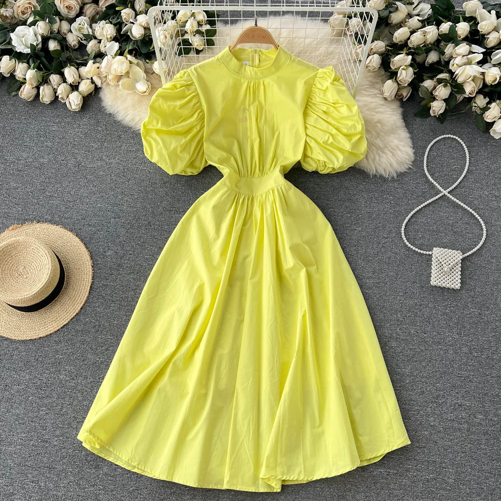Retro Solid-color Stand-collar Short Bubble Sleeve A-line Dress Women's Summer New Fashion Simple Clothes Korean Vestidos F159
Retro Solid-color Stand-collar Short Bubble Sleeve A-line Dress Women's Summer New Fashion Simple Clothes Korean Vestidos F159