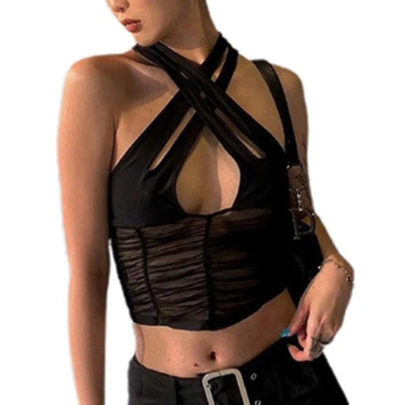 

Fashion Black Sexy Crop Top Women Mesh Ruched Skiny Tank Tops Club Party Vest Cut Out Criss-Cross Transparent Gothic