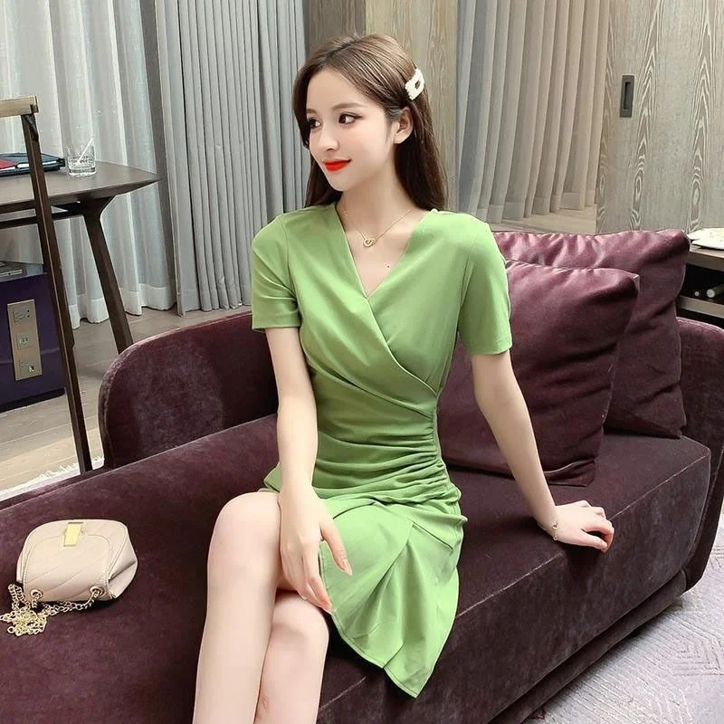 Women V-neck Short Sleeve Irregular A-line Mini Dress Casua Waist Ruched Korean Elegance Temperament Office Dresses
Women V-neck Short Sleeve Irregular A-line Mini Dress Casua Waist Ruched Korean Elegance Temperament Office Dresses