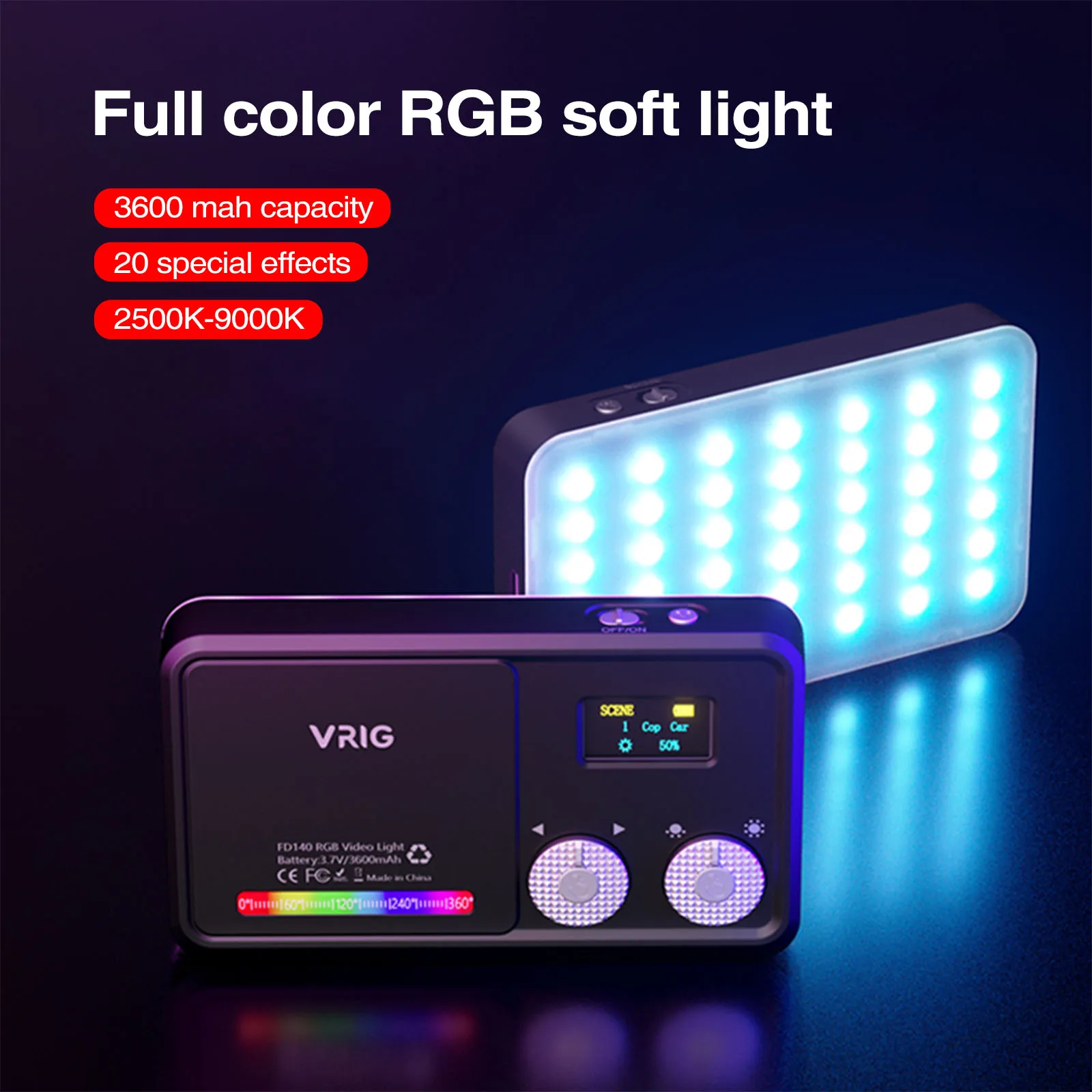

UURIG VRIG FD140 Video Light Panel RGB LED Camera Light 2500K-9000K for DSLR Cameras Camcorders Smartphone Fill Light