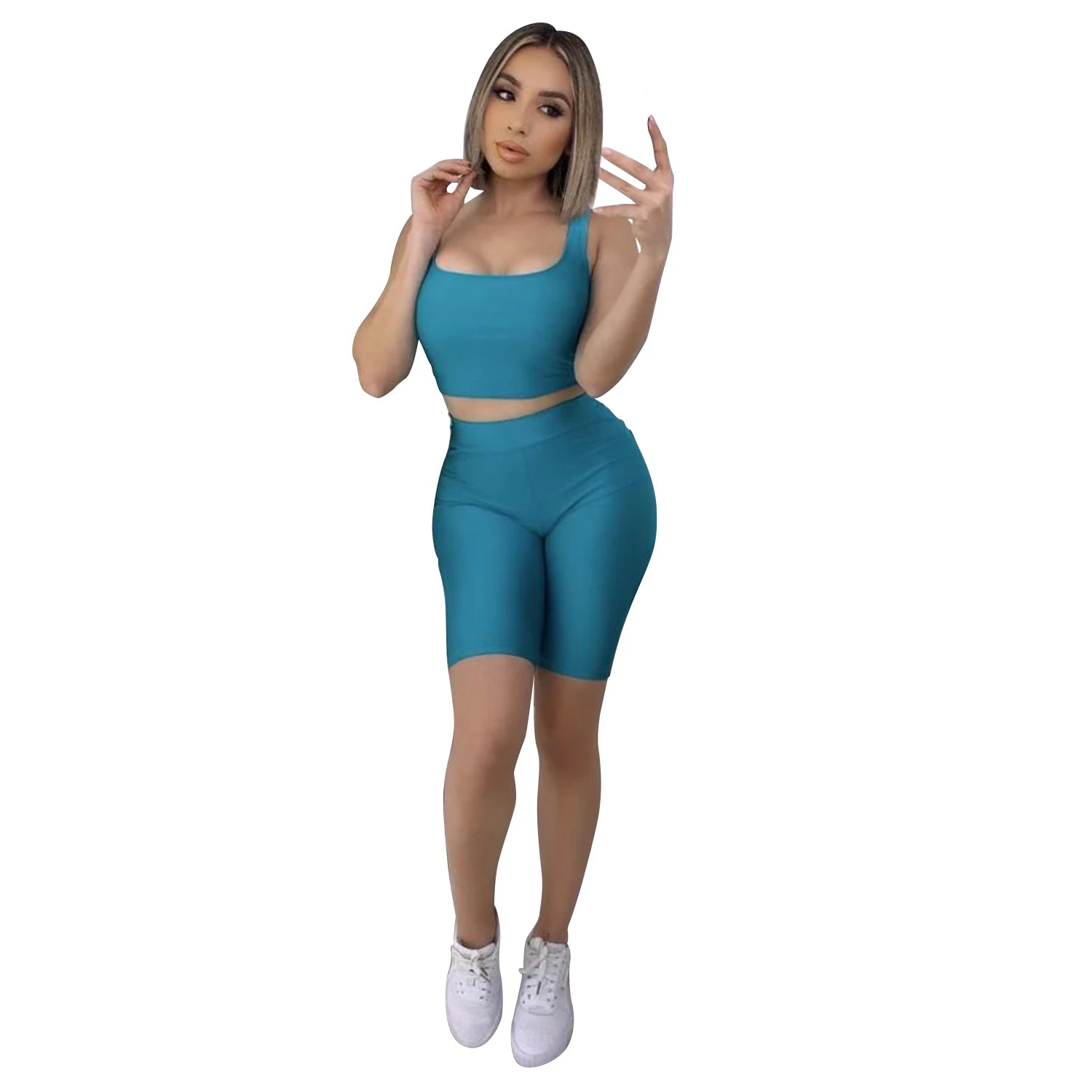 Sexy Solid Two Pieces Shorts Set Women Sleeveless Top and High Waist Shorts Suits Sportswear Matching Set Blue XL
Sexy Solid Two Pieces Shorts Set Women Sleeveless Top and High Waist Shorts Suits Sportswear Matching Set Blue XL