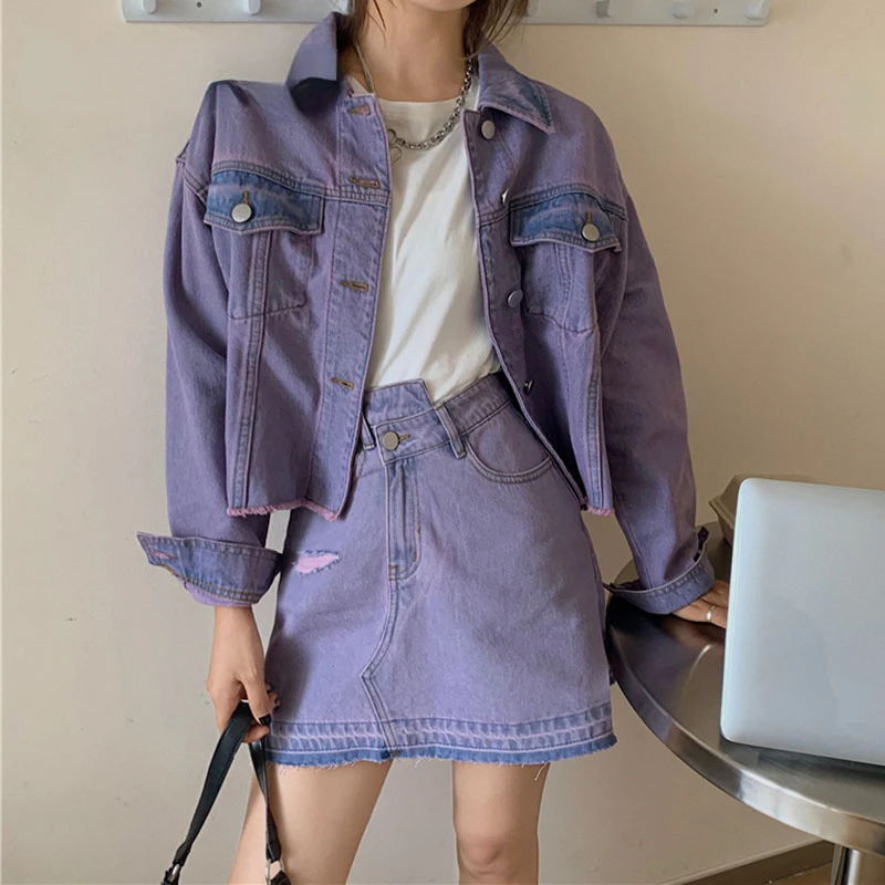Vintage Denim Two Piece Set Women Irregular Mini A Line Skirt Suits Lady Purple Elegant Denim Jacket Set Korean Chic New
Vintage Denim Two Piece Set Women Irregular Mini A Line Skirt Suits Lady Purple Elegant Denim Jacket Set Korean Chic New