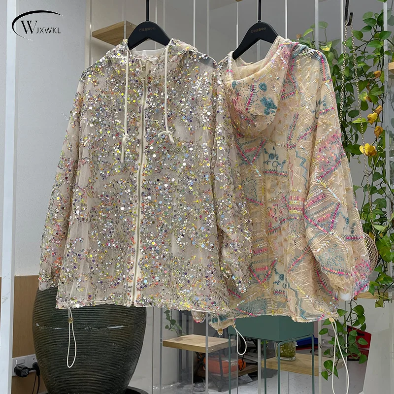 Fashion Sequin Bead Thin Hooded Sun Protection Clothing Loose Women's Wear Easy Matching Coat Dance Bright Jackets
Fashion Sequin Bead Thin Hooded Sun Protection Clothing Loose Women's Wear Easy Matching Coat Dance Bright Jackets