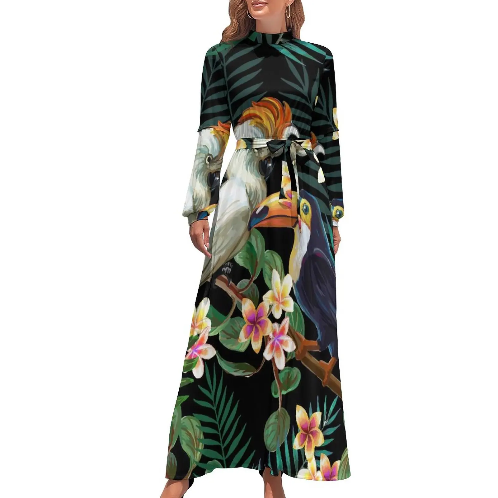 Длинное платье-макси с высокой талией, цветочным принтом и принтом птиц
Длинное платье-макси с высокой талией, цветочным принтом и принтом птиц