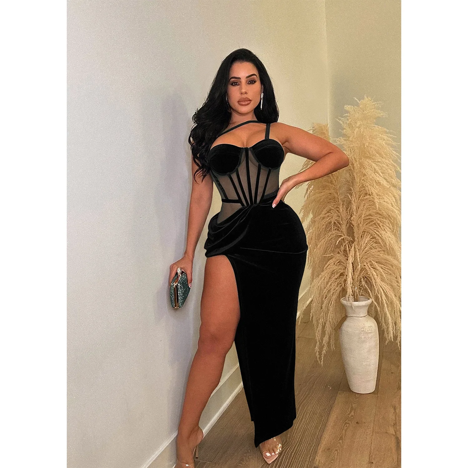 Autumn Birthday Party Prom Dresses for Women Halter Neck Sleeveless High Side Split Mesh Velvet Tunic Night Club Maxi Vestidos
Autumn Birthday Party Prom Dresses for Women Halter Neck Sleeveless High Side Split Mesh Velvet Tunic Night Club Maxi Vestidos