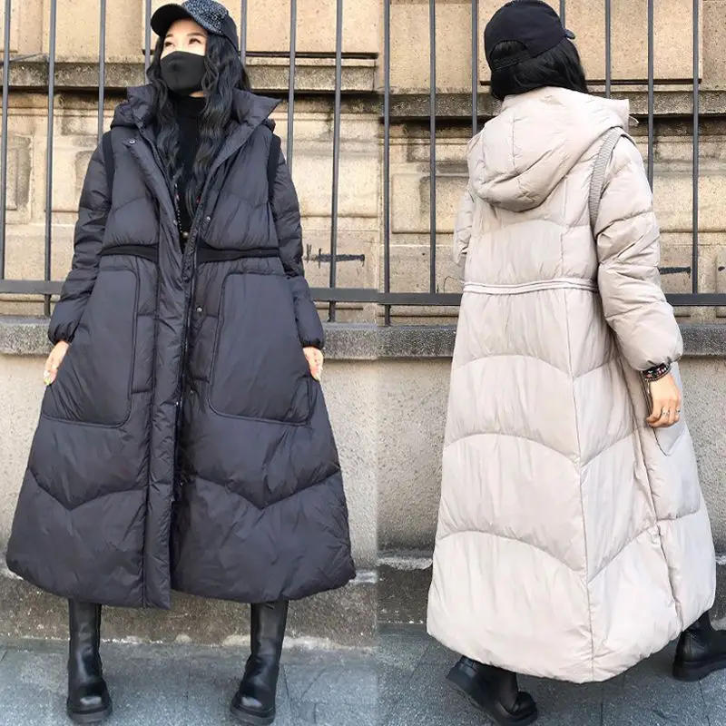 

Tiktok Same Literary Style Extended Popular Down Jacket Loose Thickened Warm Waist Long Winter Hat Detachable B2