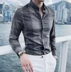 

2023HOT Free ShippingLong sleeve shirt man new young slim men grid business casual quality shirt man G-38
