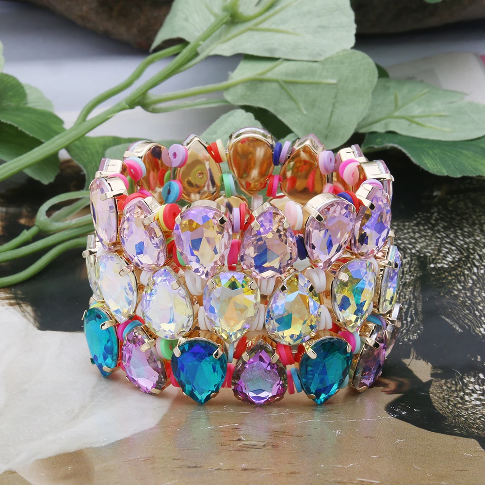 

Multicolored Glass Pink Rose Bracelets Luxury Woman Bohemian pring Polymer Clay Crystal Bangle Madera Bride Wedding Pulseira