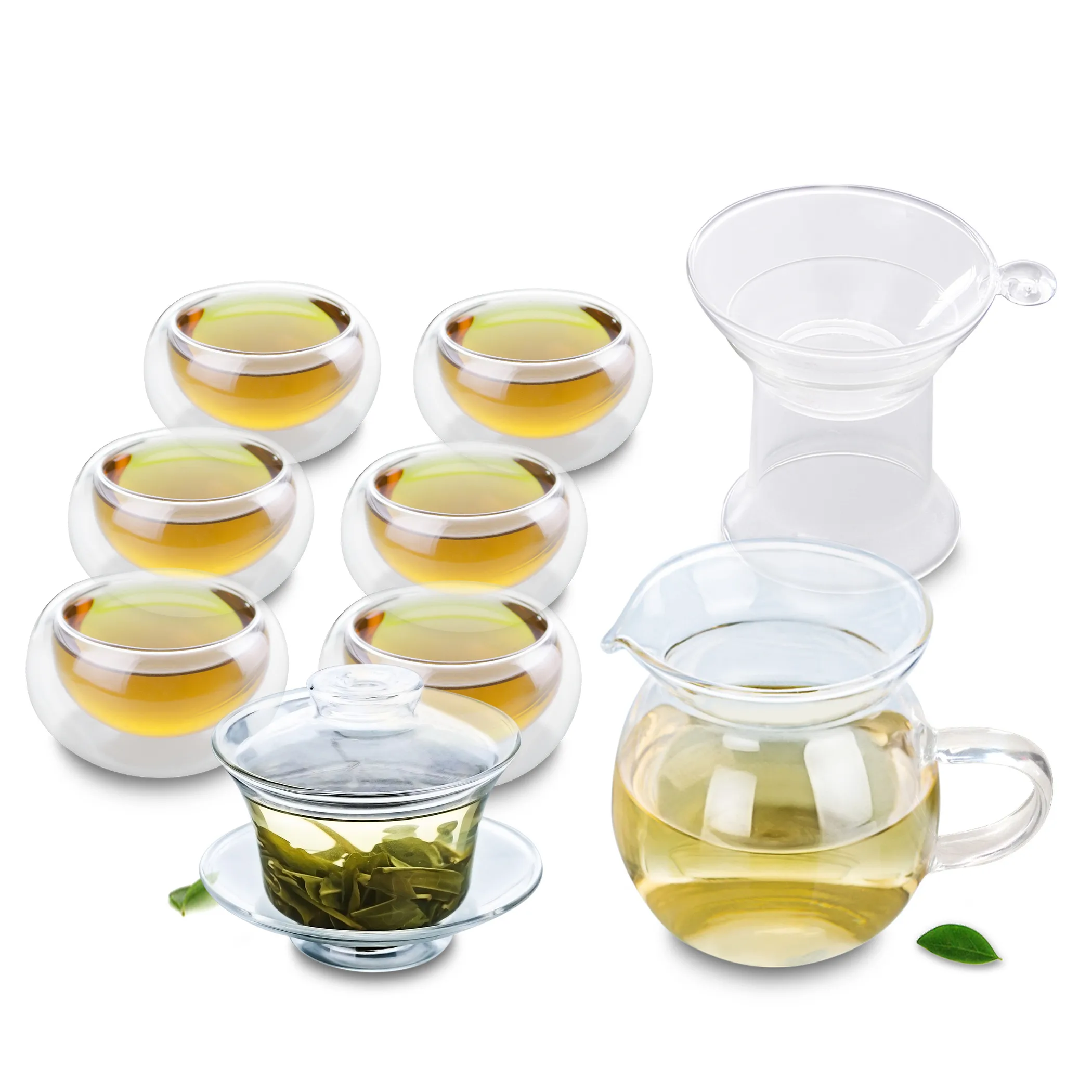 1x 9in1 Kung fu Coffee Tea Set - 165ml Heat-Resisting Glass Gaiwan Pot+Strainer+Tea Pitcher Chahai + 6 Double Wall Layer Cups
1x 9in1 Kung fu Coffee Tea Set - 165ml Heat-Resisting Glass Gaiwan Pot+Strainer+Tea Pitcher Chahai + 6 Double Wall Layer Cups