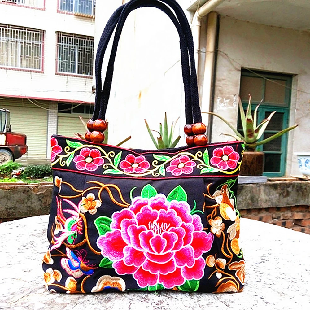 

Women's Handbags Vintage Embroidery Handbag Flower Ethnic Canvas Totes Wood Beads Double Layered Travel Shoulder Bag