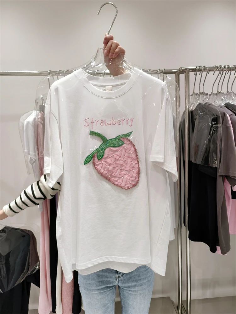 2023 New Spring Summer Women Cotton T Shirt Oversize Mid-long Pullover Top Diamond Sequins Strawberry Age Reducing Pink T-shirts
2023 New Spring Summer Women Cotton T Shirt Oversize Mid-long Pullover Top Diamond Sequins Strawberry Age Reducing Pink T-shirts