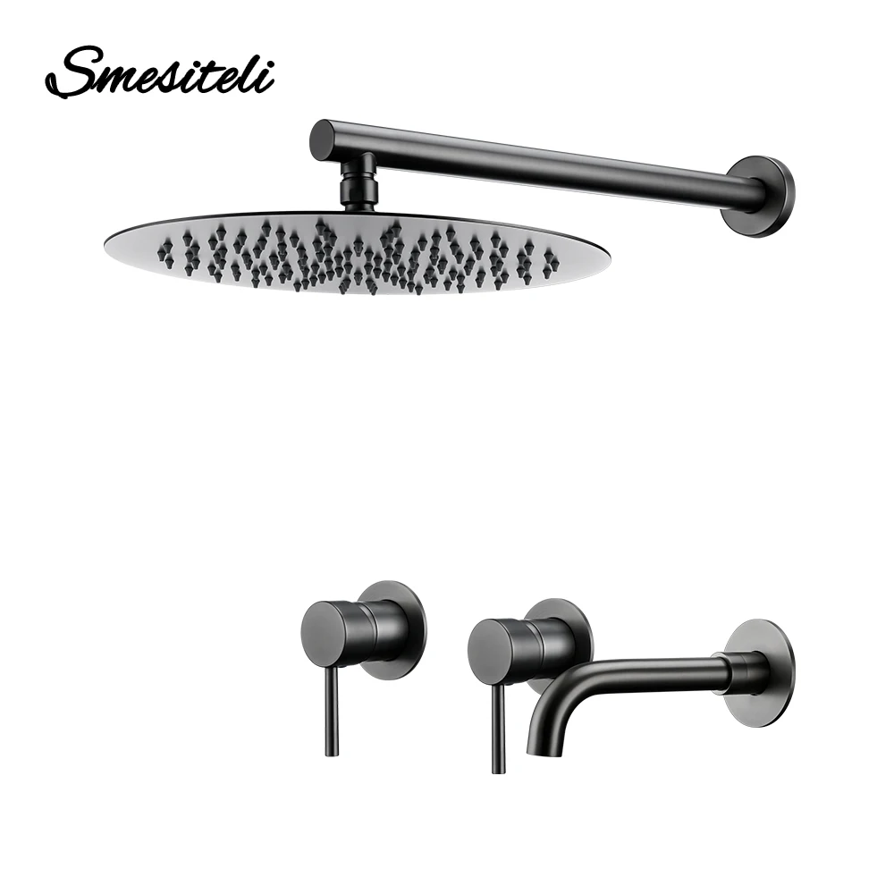 

Gunmetal Shower Faucet Rainfall Head&Spout With Sedal Cartridge Hot&Cold Water Mixer Brass Bathroom Shower Tap 2 way Set