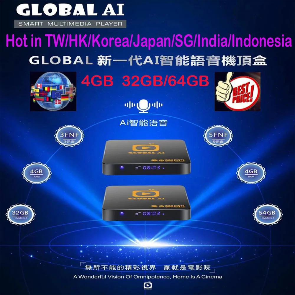 

2022 Новое поступление Global Ai 5FNF 4G 64GB tv box Голосовое управление в SG MY Korea Japan CA TW USA India vietnam North America PK EV10S