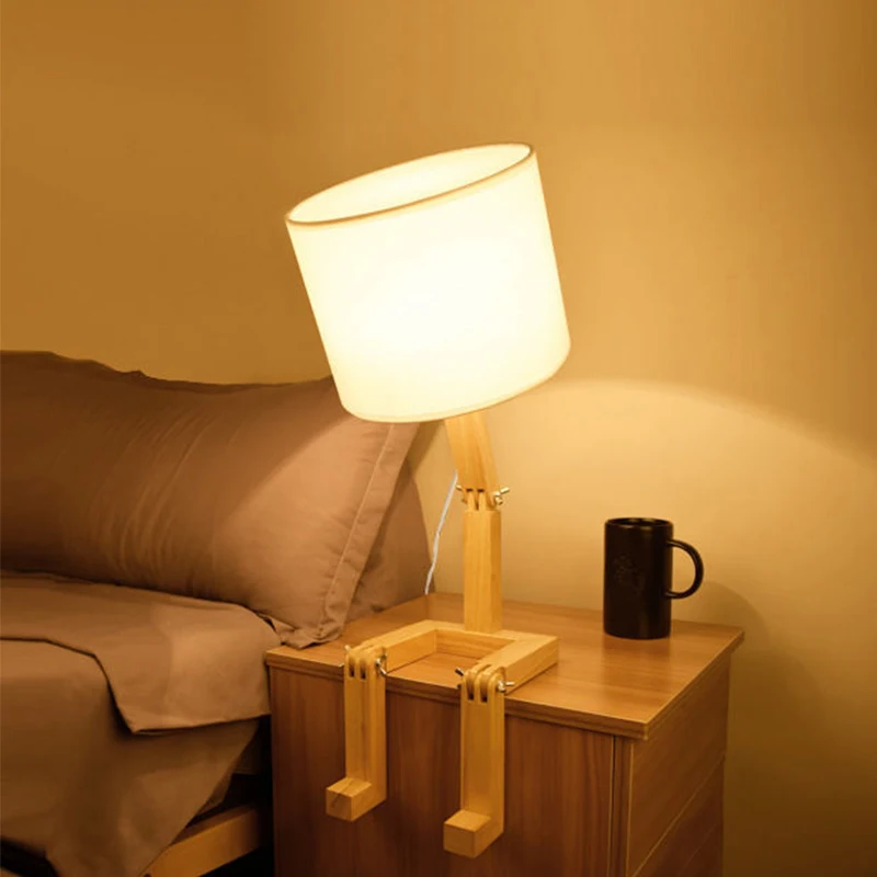 

Parlor Indoor Study Night Light Robot Shape Wooden Table Lamp E14 Lamp Holder 110-240V Modern Cloth Art Wood Desk Table Lamp