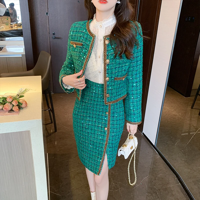 High Quality Green Plaid Tweed Two Piece Set Winter Women Sequin Single Breasted Short Jacket Coat + Split Bodycon Skirt Suits
High Quality Green Plaid Tweed Two Piece Set Winter Women Sequin Single Breasted Short Jacket Coat + Split Bodycon Skirt Suits