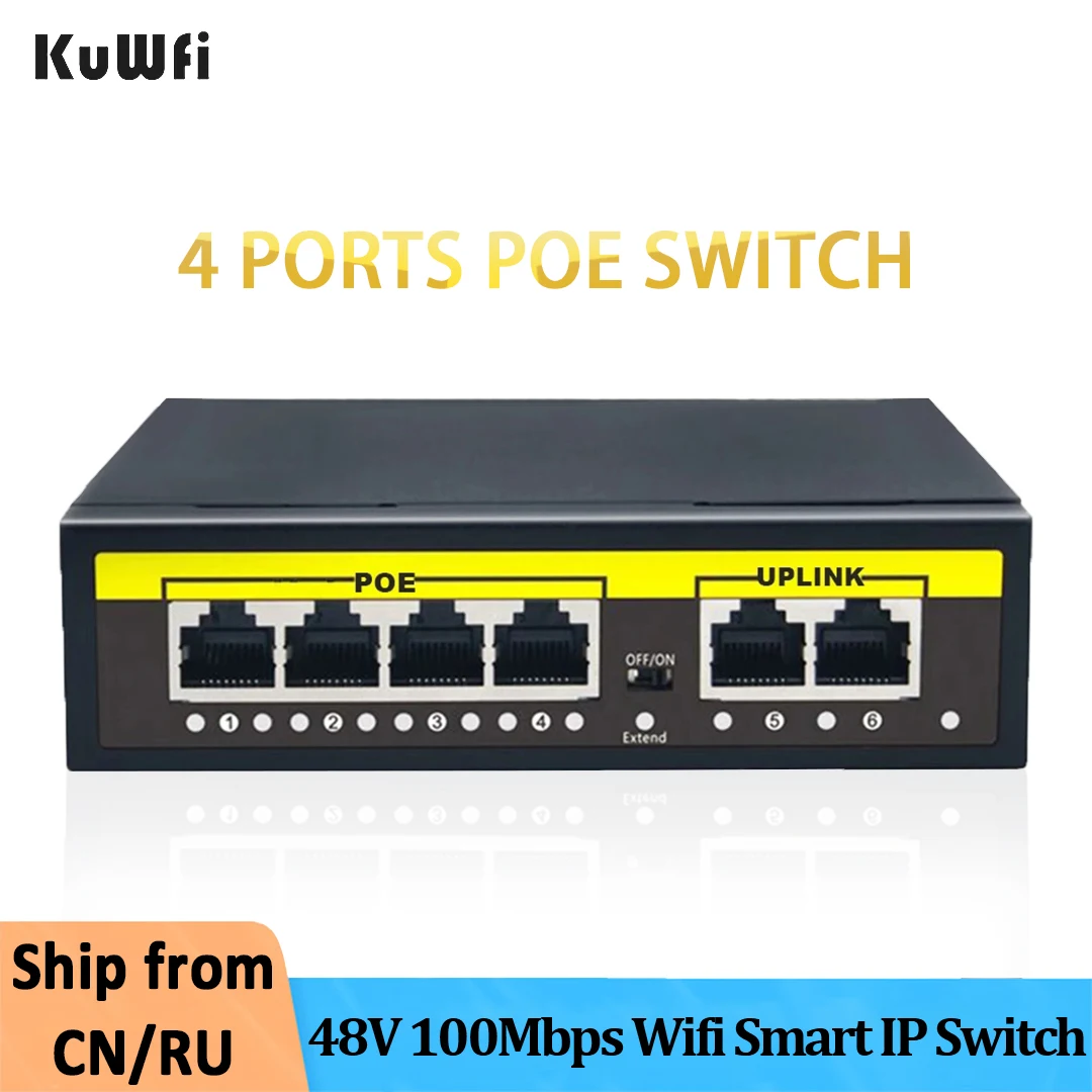 

KuWFi 48V POE Switch 4Ports Ethernet Switcher 100Mbps RJ45 Injector Switcher Wifi Smart IP Switch for IP Camera/Wireless AP/CCTV